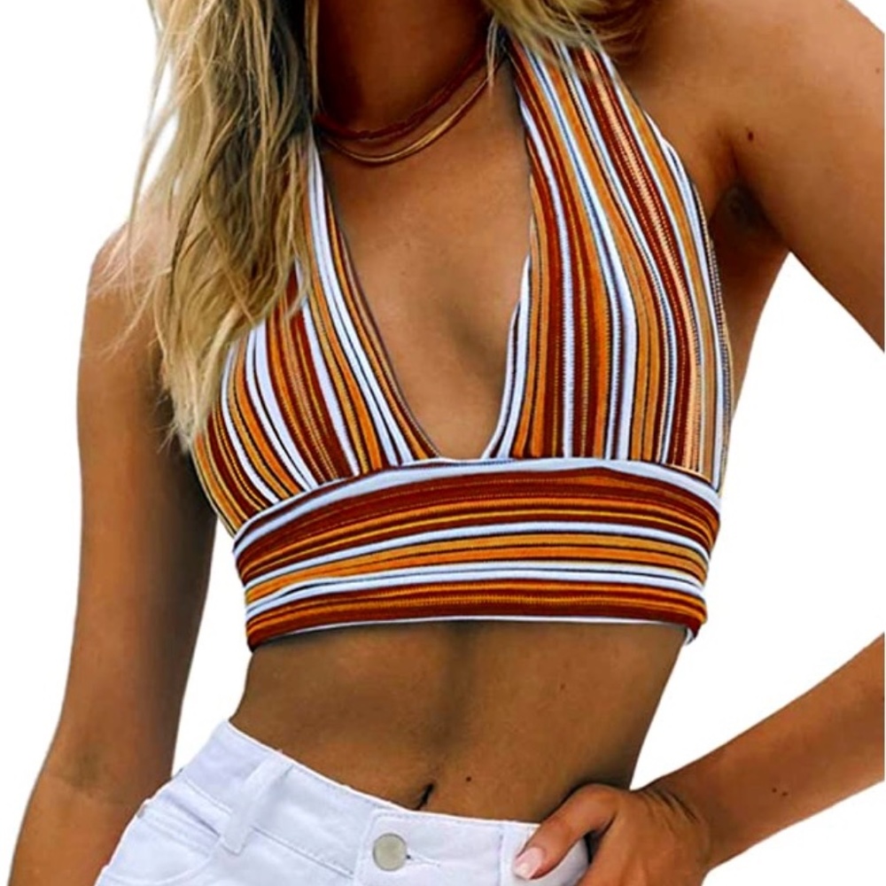 Women’s Halter Backless Knitted Crop Top V Neck Bandage Stripe Crop Tank Top